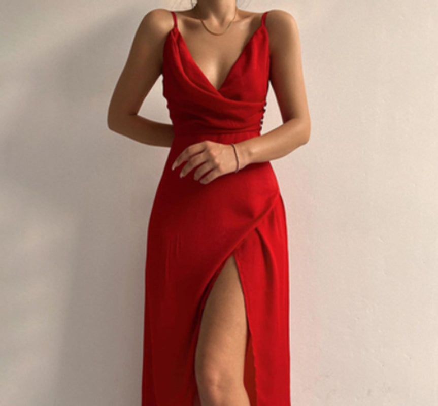 V-Neck Slit Sling Dress Summer Fashion Sexy Slim Suspender Dresses for Women Clothing